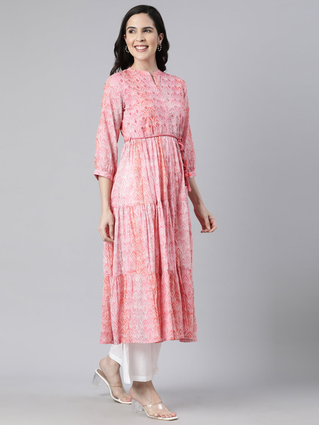 Neerus Pink cotton printed maxi dress - back view