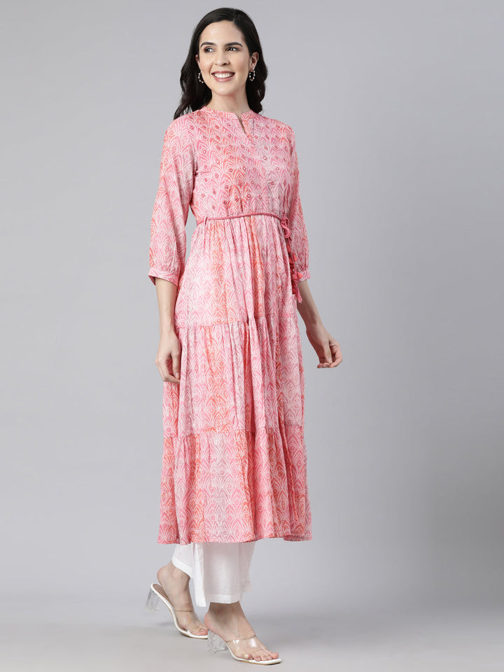 Neerus Pink cotton printed maxi dress - back view