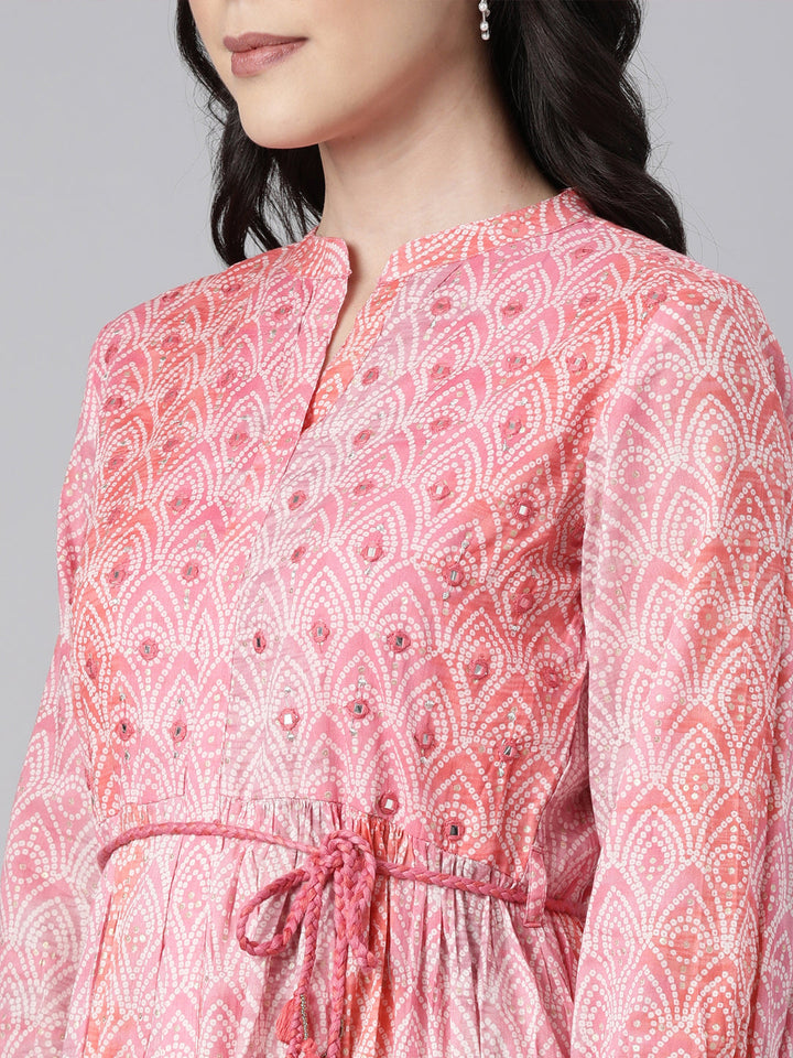 Neerus Pink cotton printed maxi dress - detail view 1