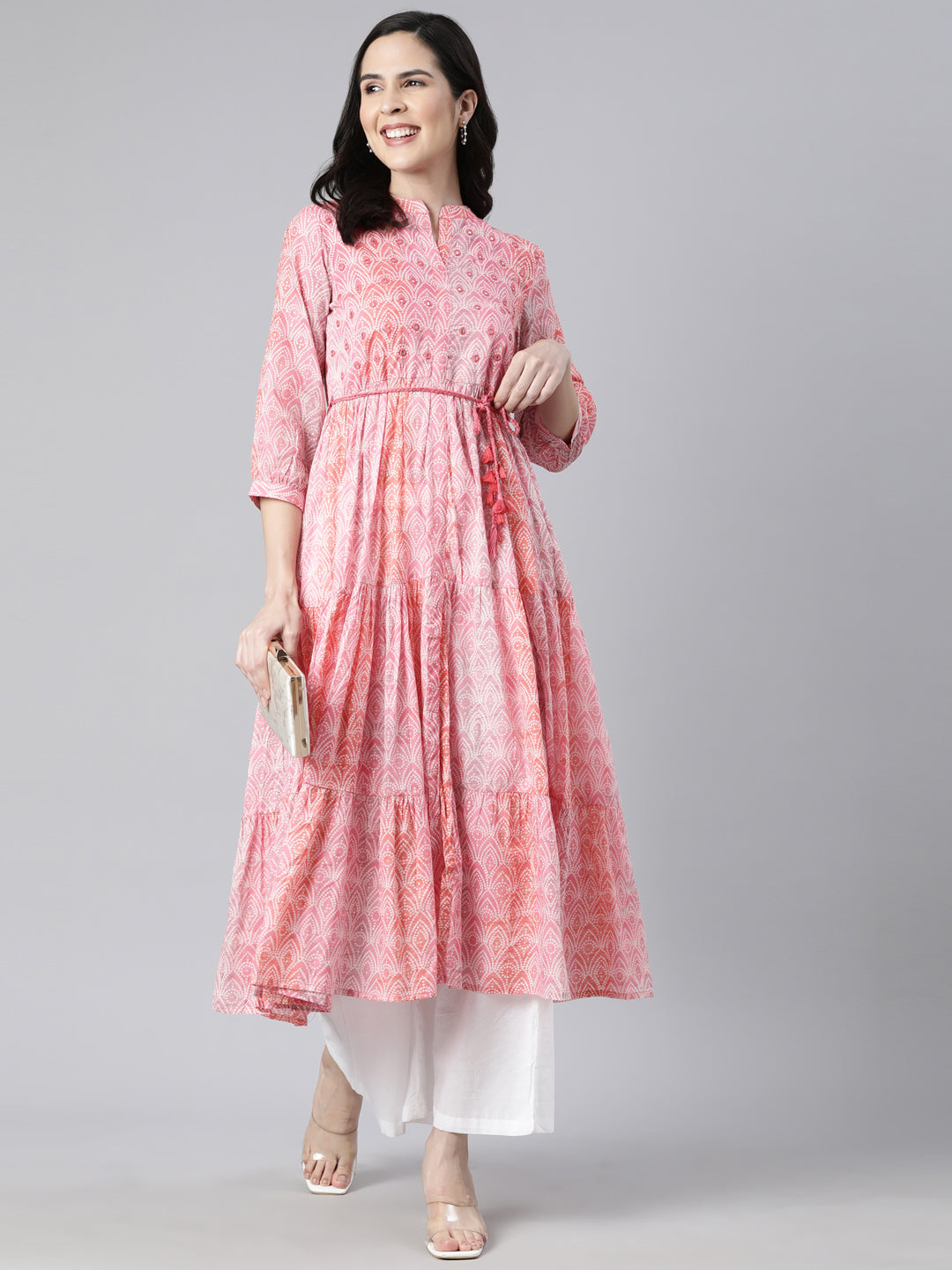 Neerus Pink cotton printed maxi dress - detail view 2