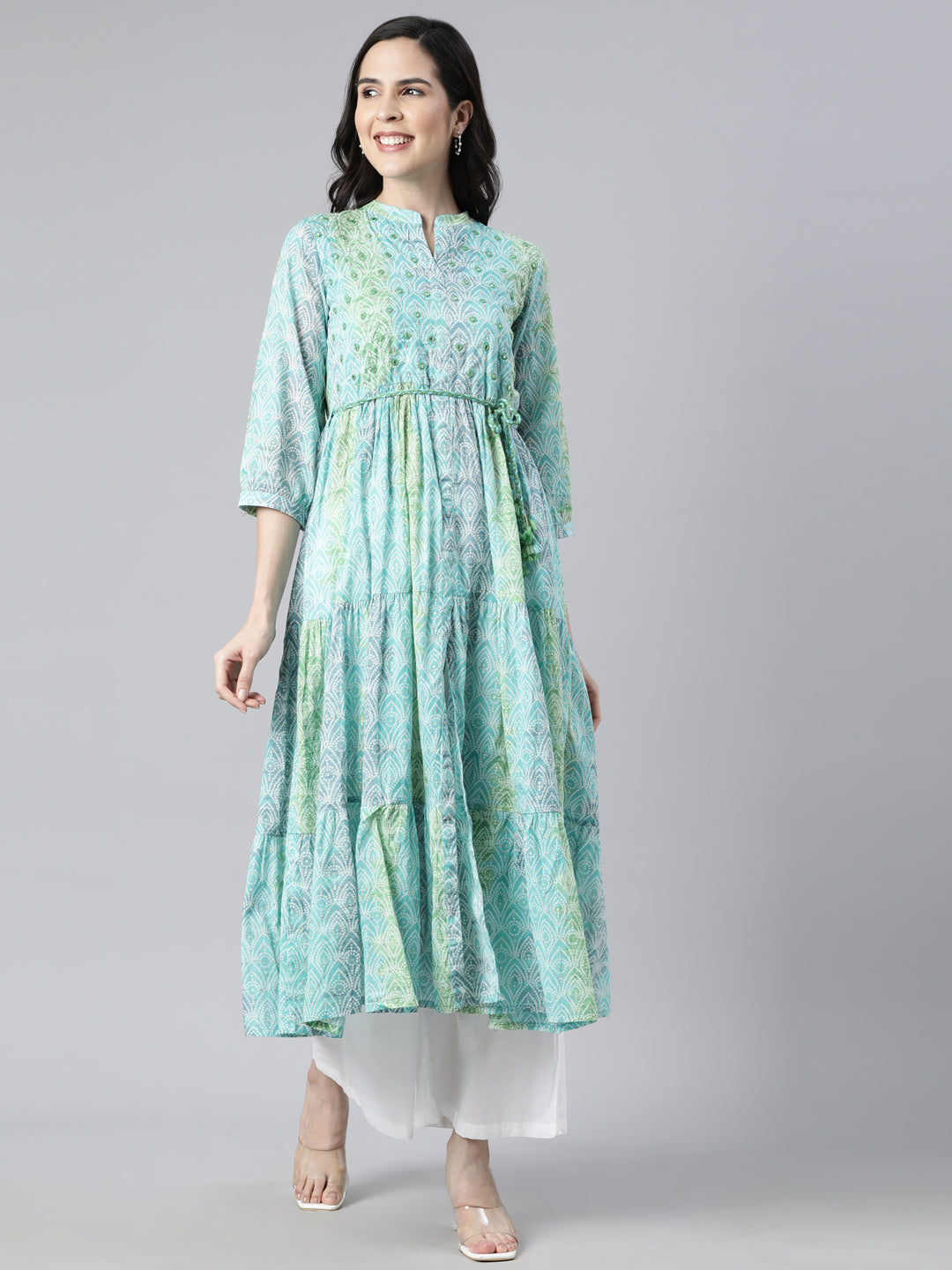 Neerus Green printed maxi dress floral casual - front view