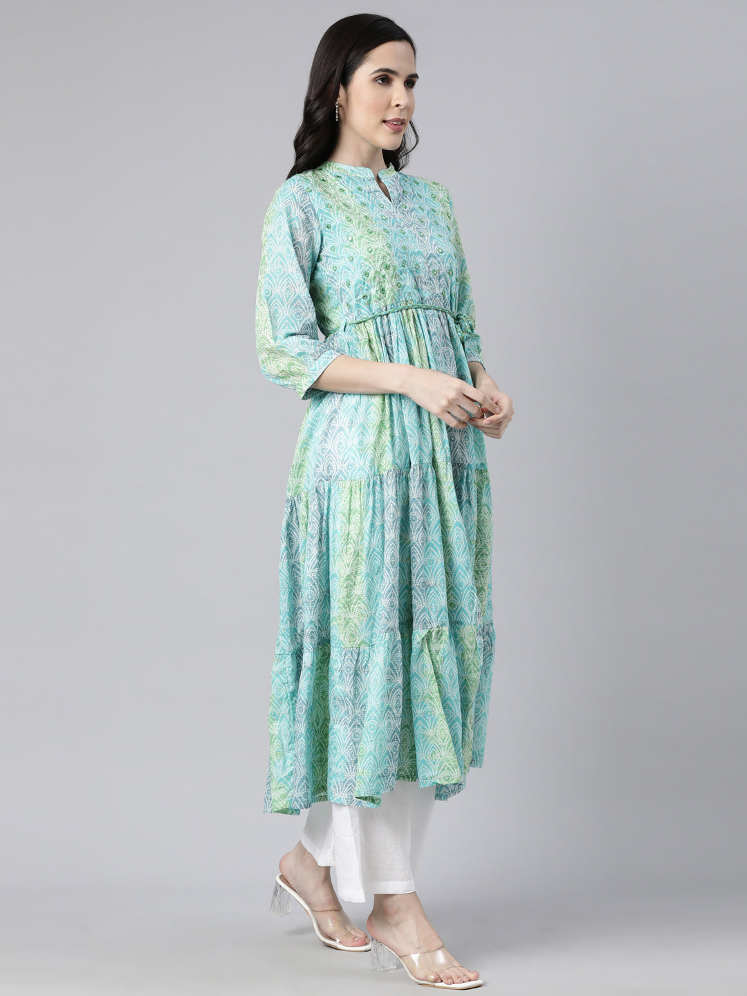 Neerus Green printed maxi dress floral casual - back view