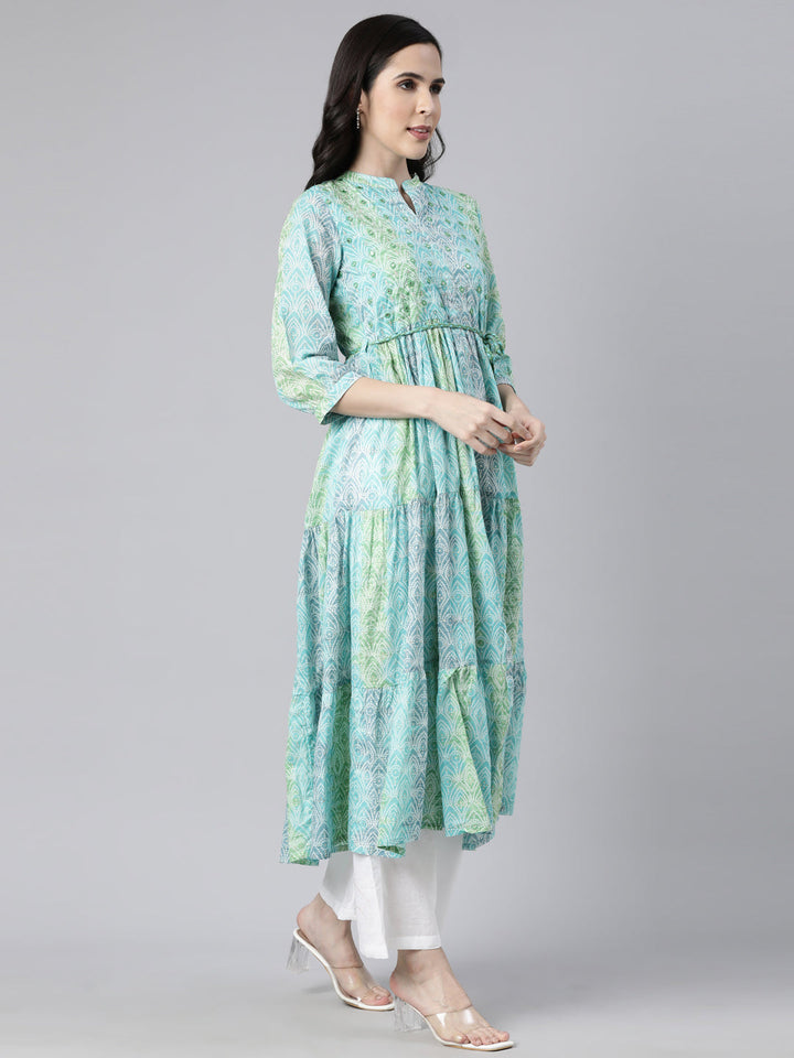 Neerus Green printed maxi dress floral casual - back view