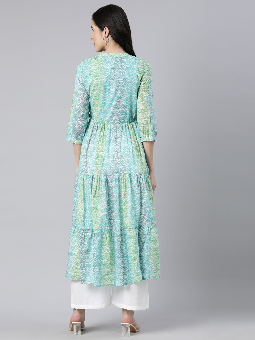 Neerus Green printed maxi dress floral casual - side view