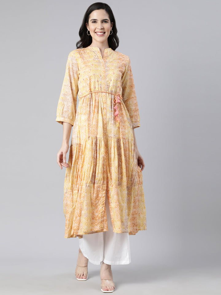 Neerus Yellow rayon printed maxi dress - front view