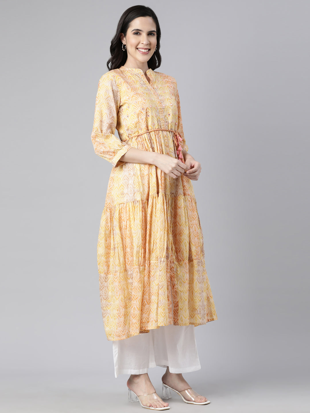 Neerus Yellow rayon printed maxi dress - back view