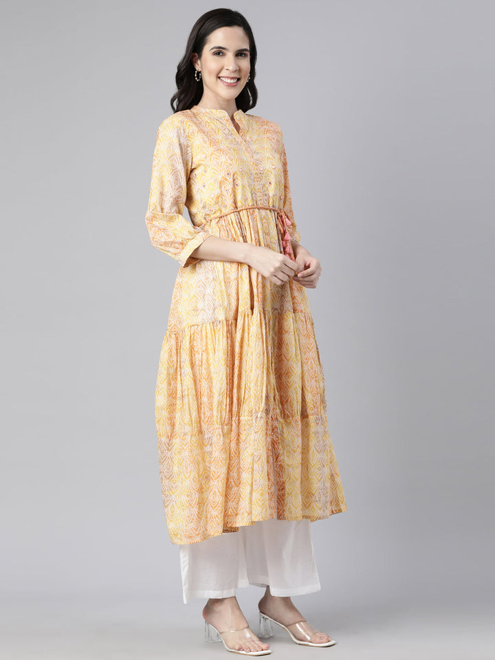 Neerus Yellow rayon printed maxi dress - back view