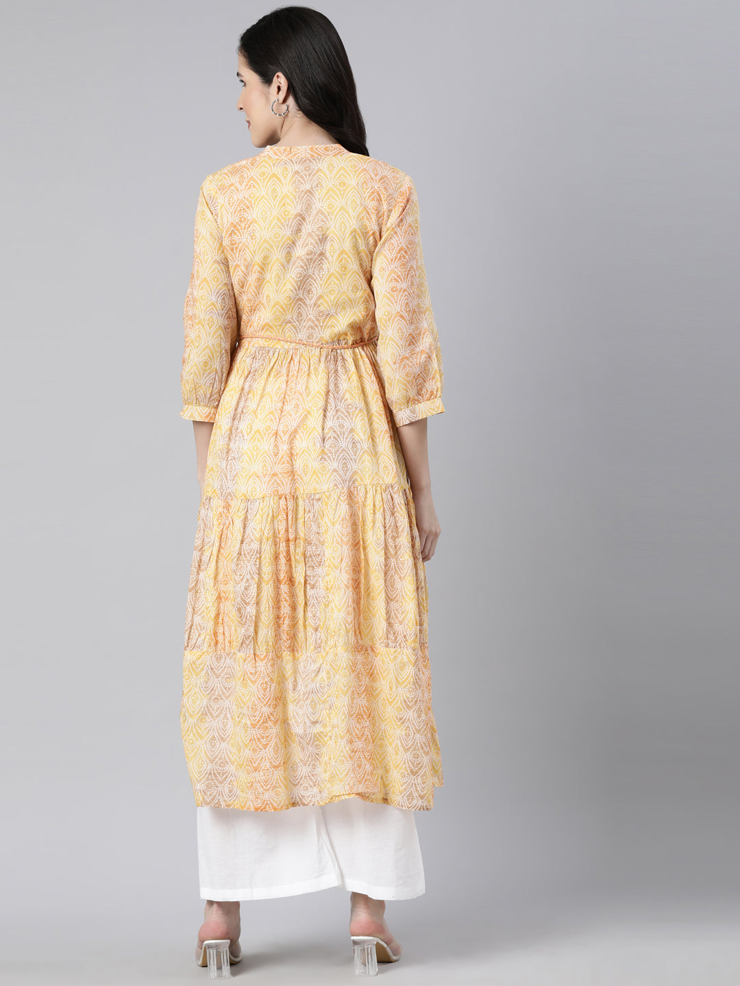 Neerus Yellow rayon printed maxi dress - side view