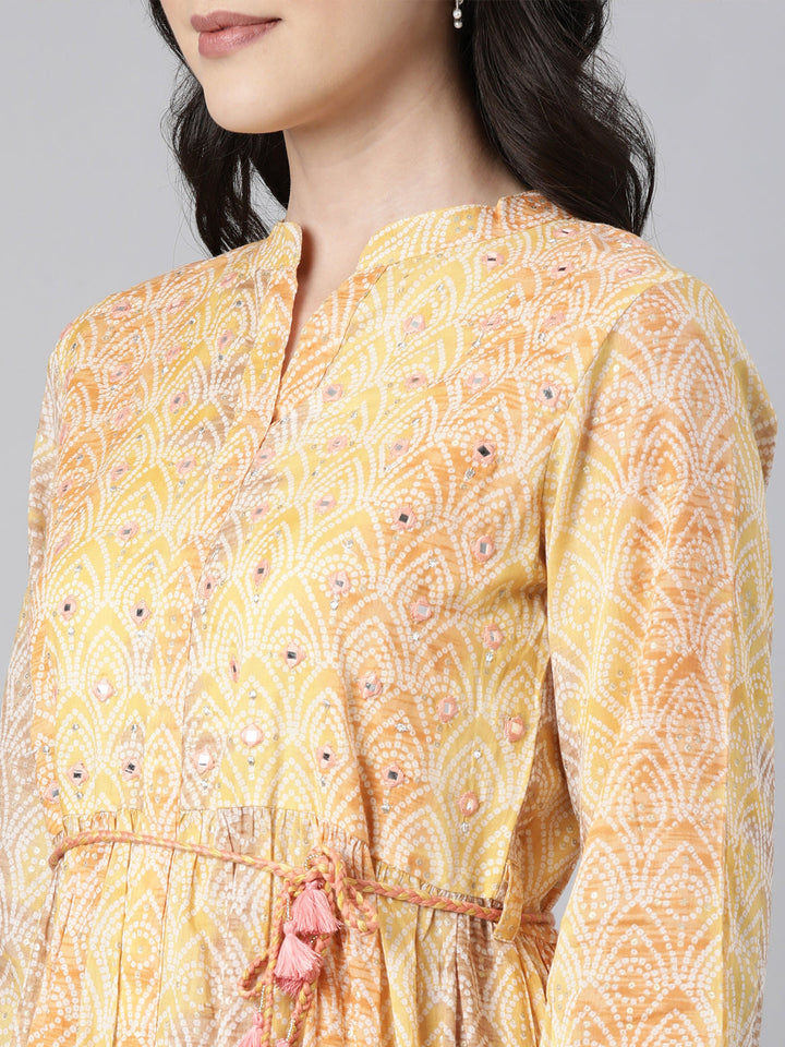 Neerus Yellow rayon printed maxi dress - detail view 1