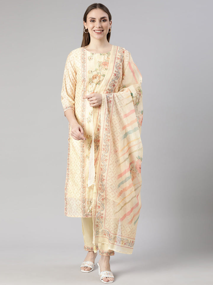 Neerus Yellow Regular Straight Floral Readymade suits