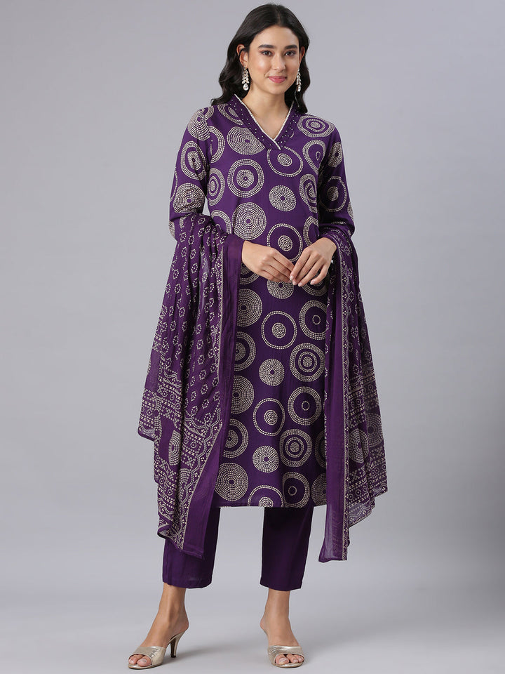 Neerus Purple Printed Straight Kurta And Trousers With Dupatta