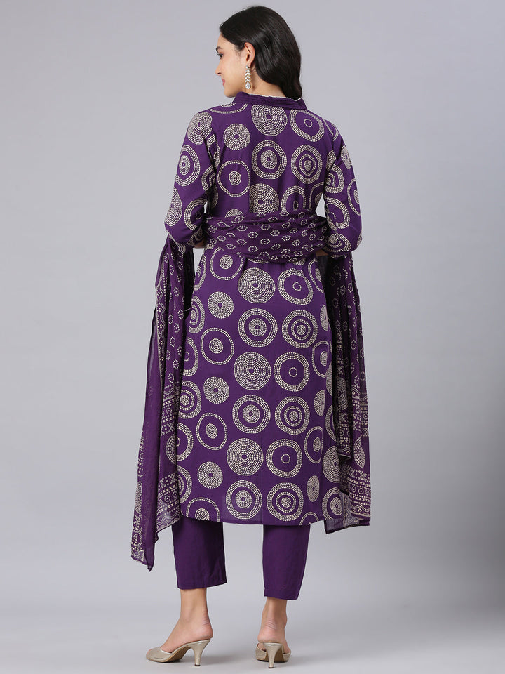 Neerus Purple Printed Straight Kurta And Trousers With Dupatta