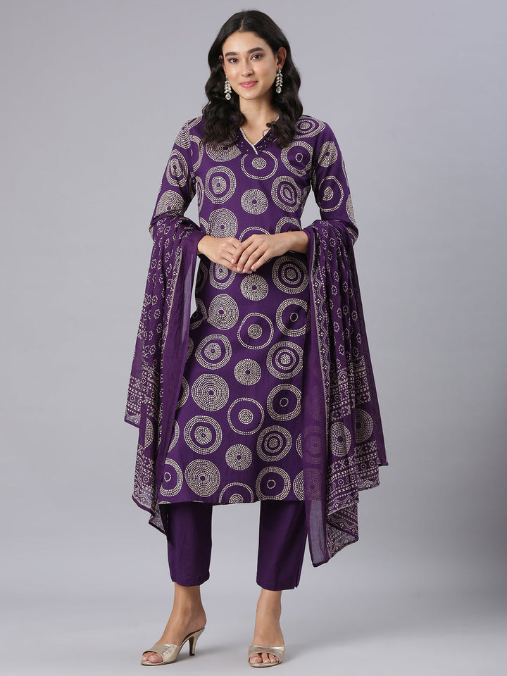 Neerus Purple Printed Straight Kurta And Trousers With Dupatta