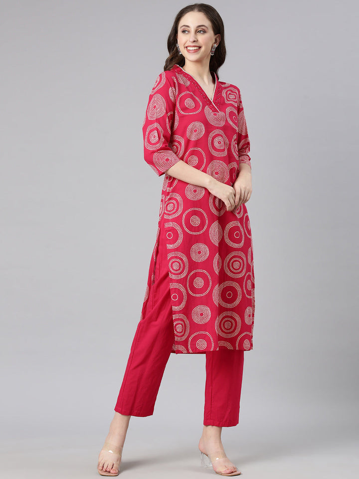 Neerus Rani pink Printed Straight Kurta and Trousers With Dupatta