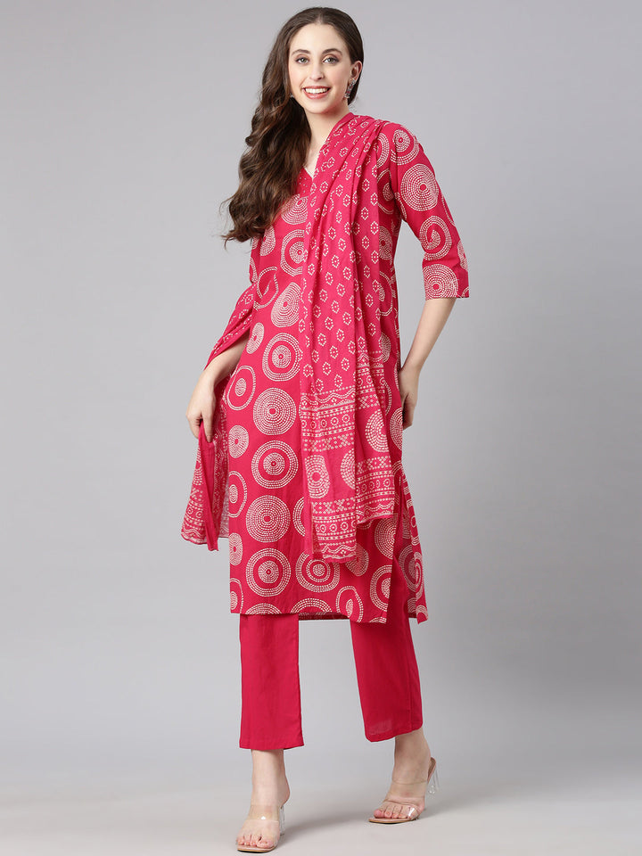 Neerus Rani pink Printed Straight Kurta and Trousers With Dupatta