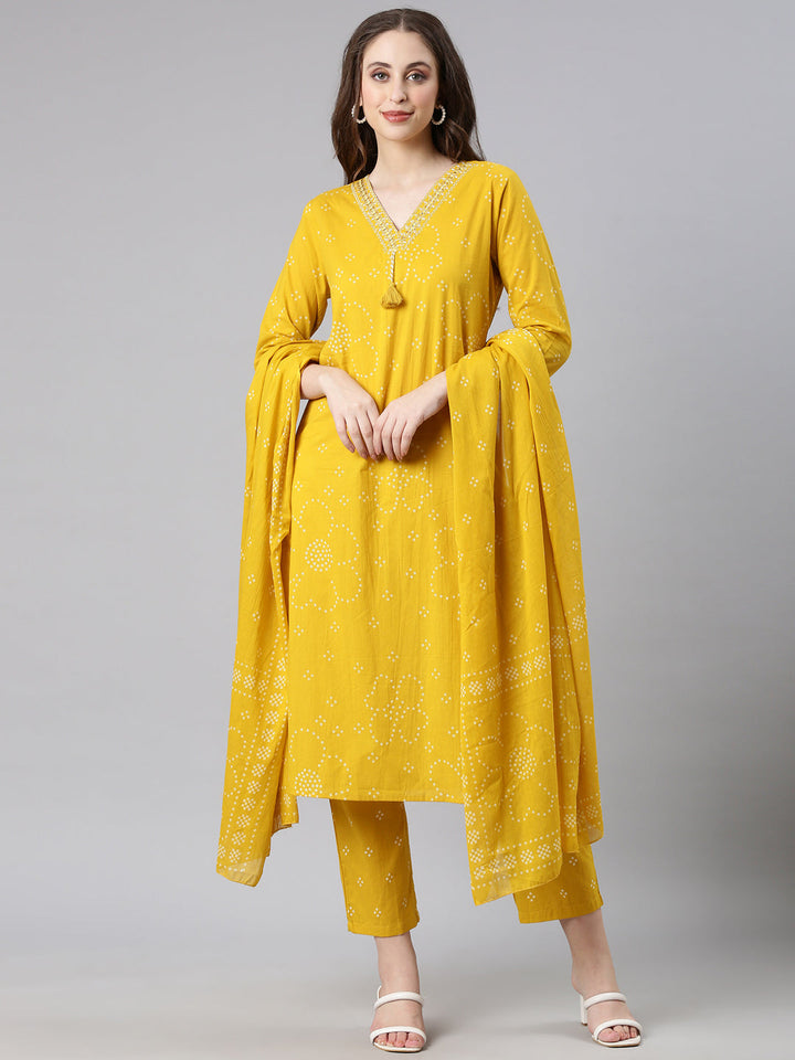 Neerus Mustard Printed Straight Kurta and Trousers With Dupatta