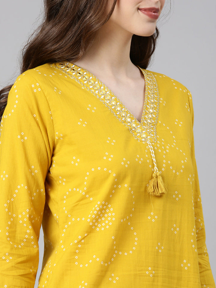 Neerus Mustard Printed Straight Kurta and Trousers With Dupatta
