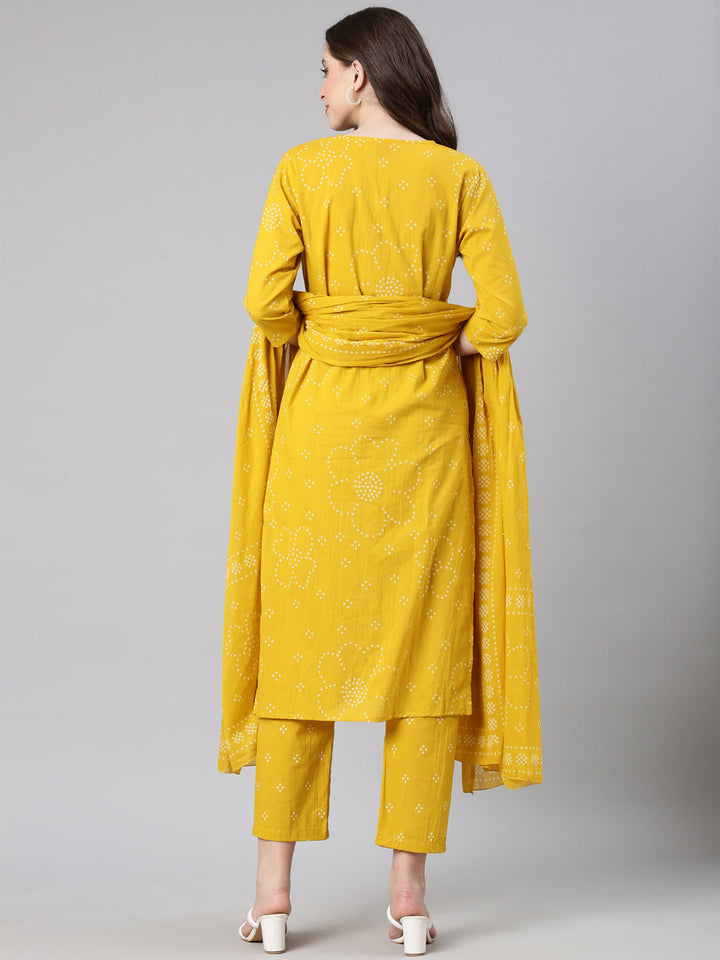 Neerus Mustard Printed Straight Kurta and Trousers With Dupatta