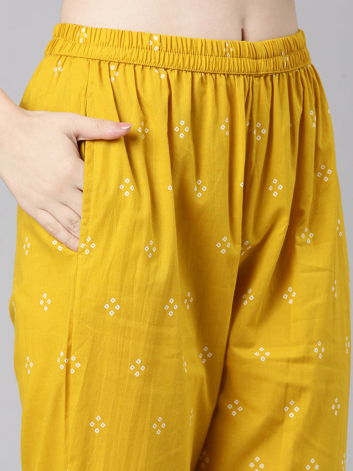 Neerus Mustard Printed Straight Kurta and Trousers With Dupatta