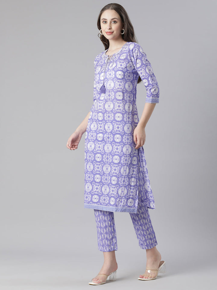 Neerus Lavender Printed Straight Kurta and Trousers With Dupatta