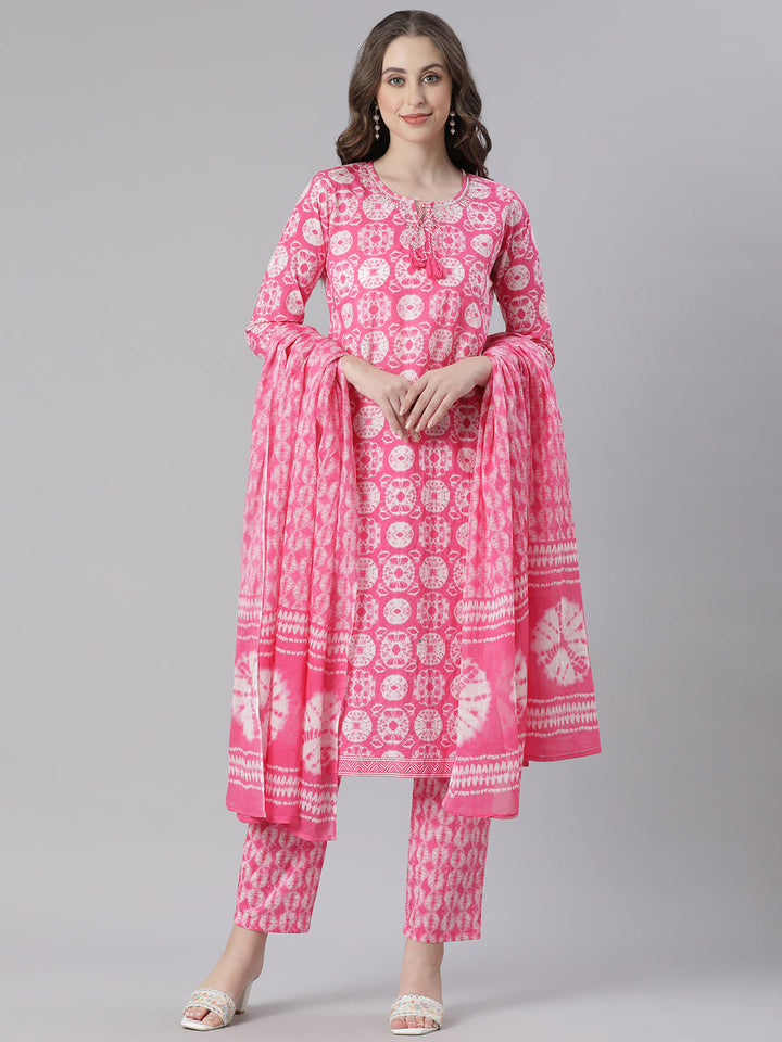 Neerus Maroon Printed Straight Kurta and Trousers With Dupatta