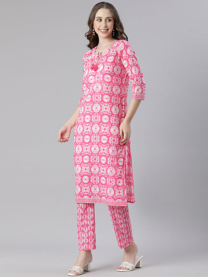 Neerus Maroon Printed Straight Kurta and Trousers With Dupatta