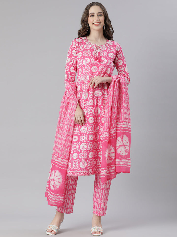 Neerus Maroon Printed Straight Kurta and Trousers With Dupatta
