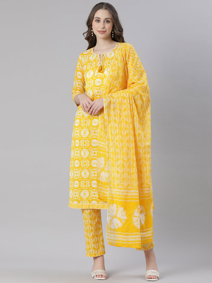 Neerus Mustard Printed Straight Kurta and Trousers With Dupatta