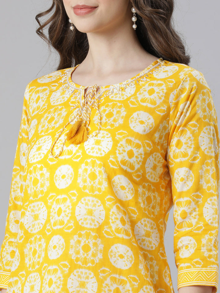 Neerus Mustard Printed Straight Kurta and Trousers With Dupatta