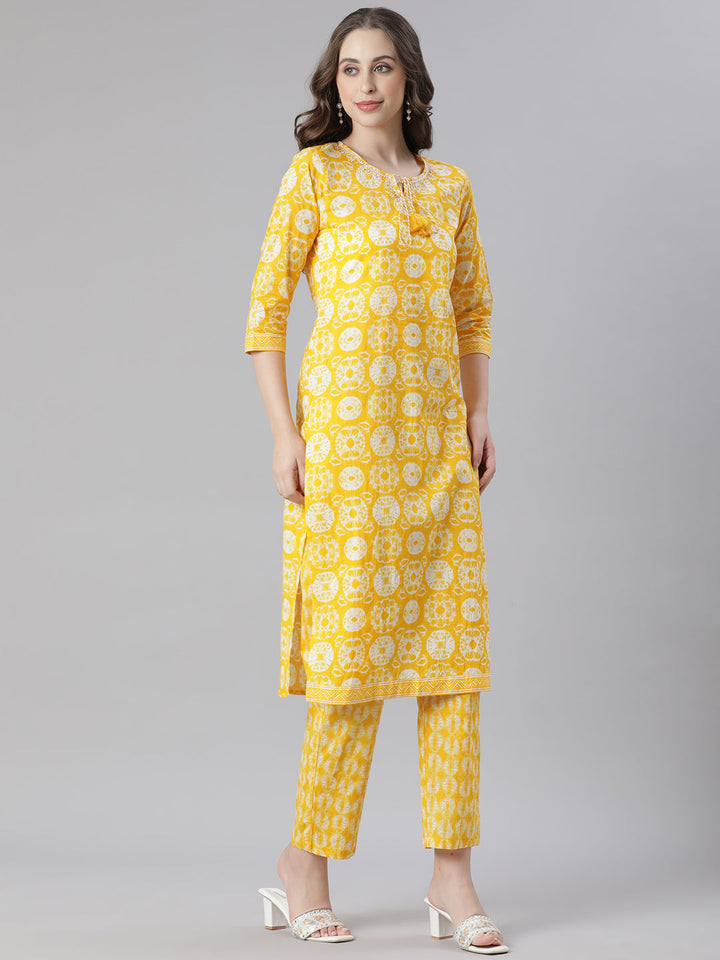 Neerus Mustard Printed Straight Kurta and Trousers With Dupatta