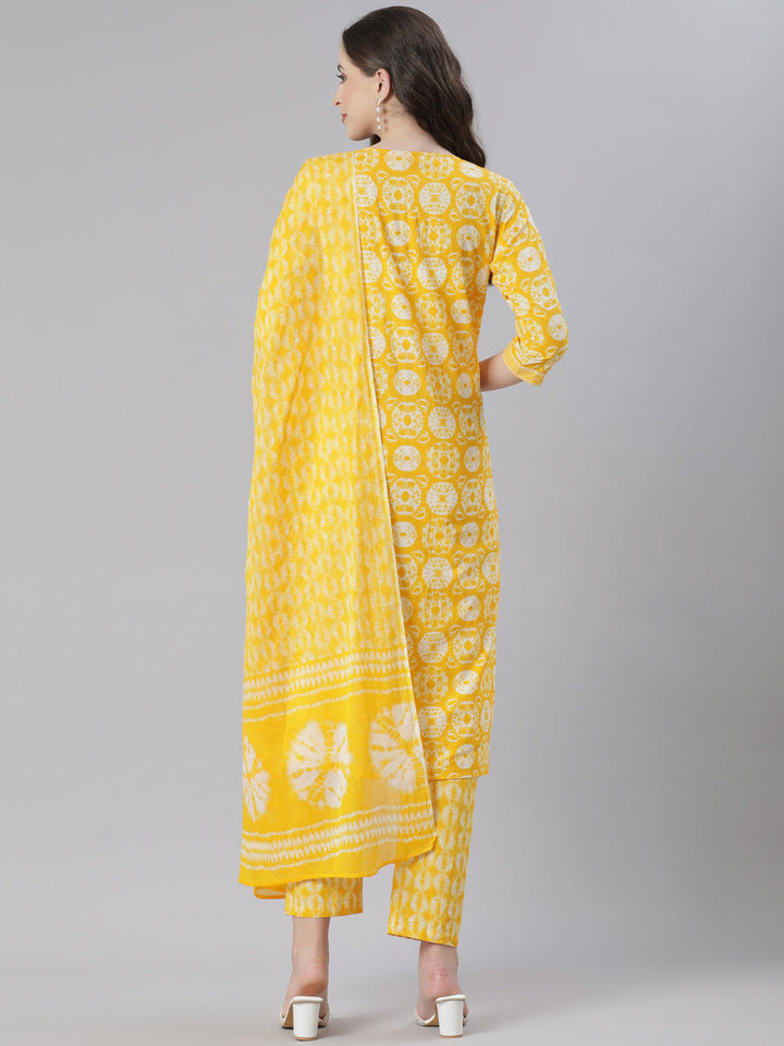 Neerus Mustard Printed Straight Kurta and Trousers With Dupatta