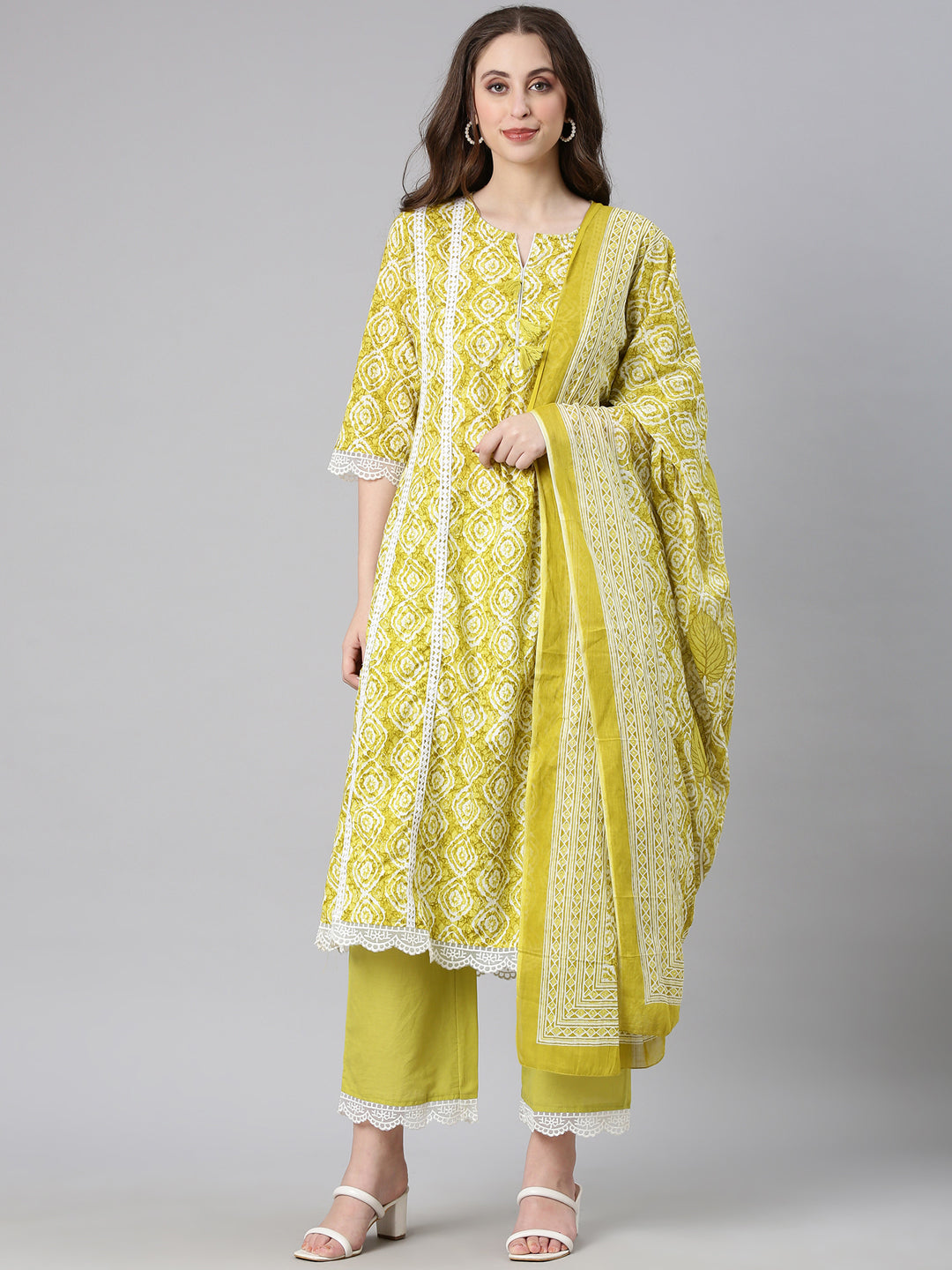 Neerus Green cotton printed anarkali suit set - front view