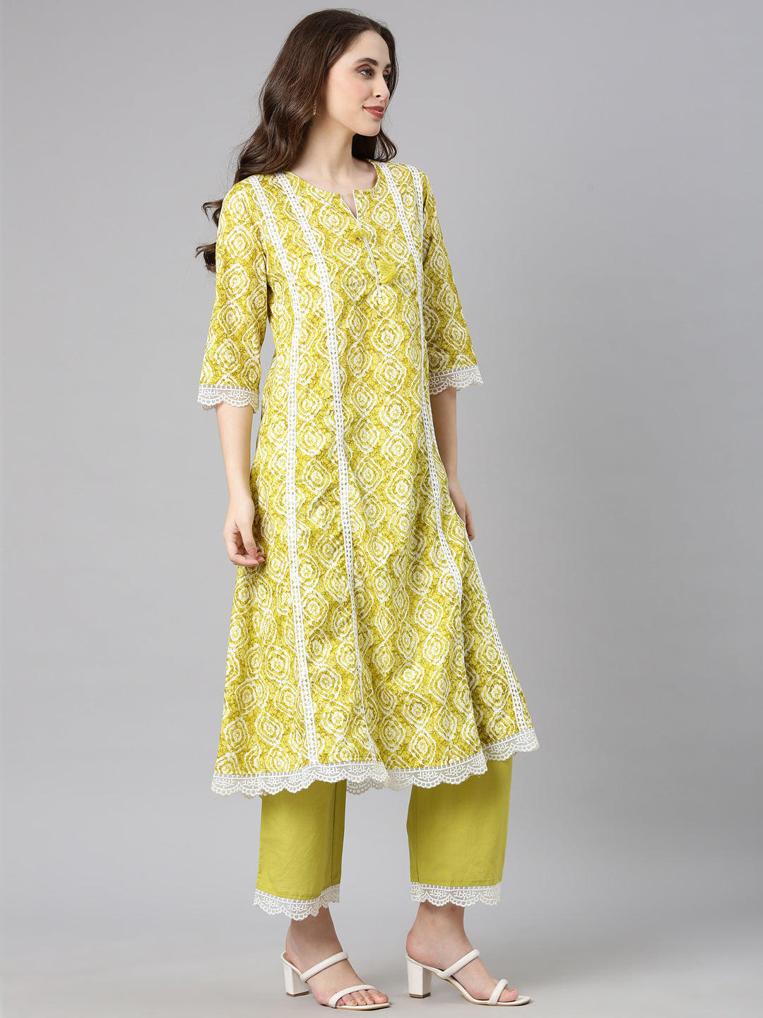 Neerus Green cotton printed anarkali suit set - back view