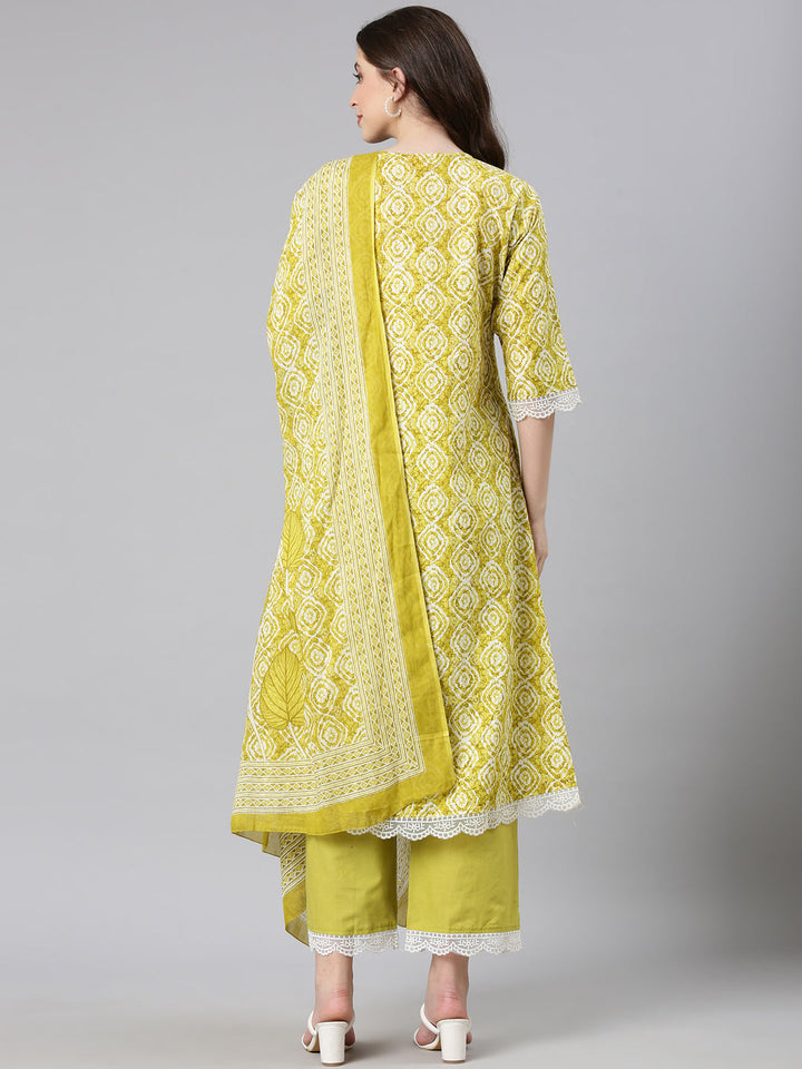 Neerus Green cotton printed anarkali suit set - side view