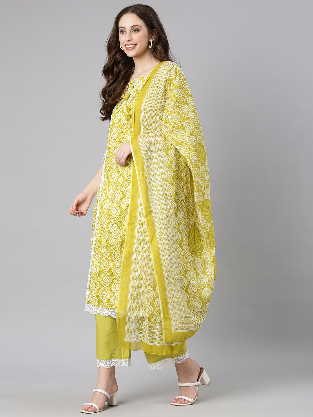 Neerus Green cotton printed anarkali suit set - detail view 2