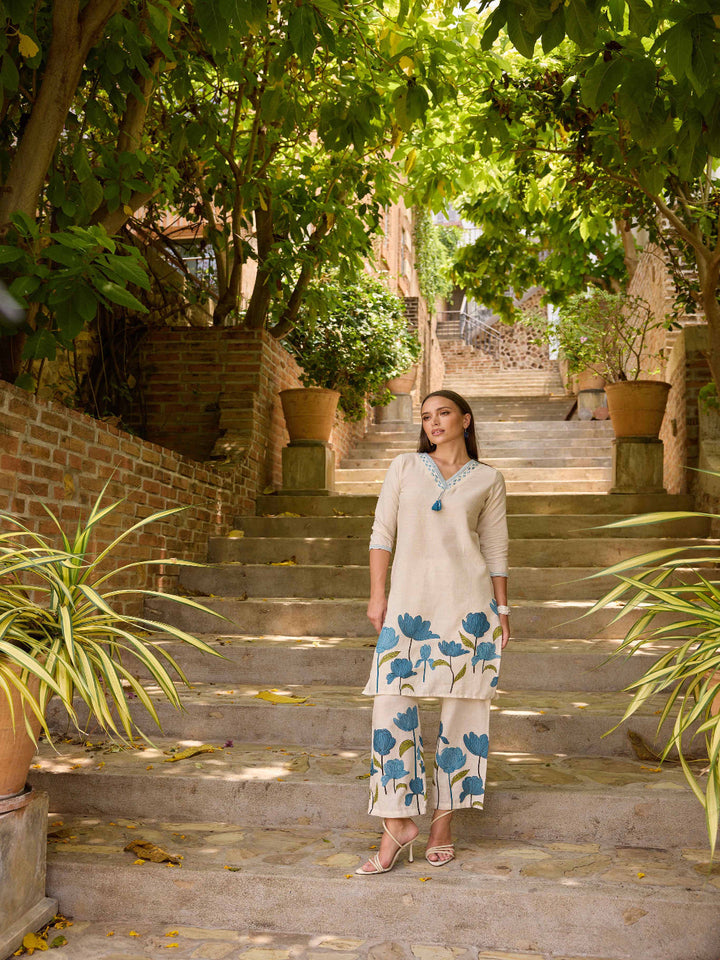 Neerus Blue Printed Straight Kurti and Palazzos