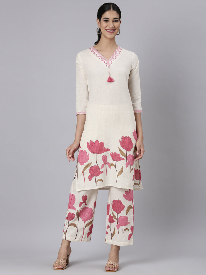 Neerus Pink Printed Straight Kurta and Trousers