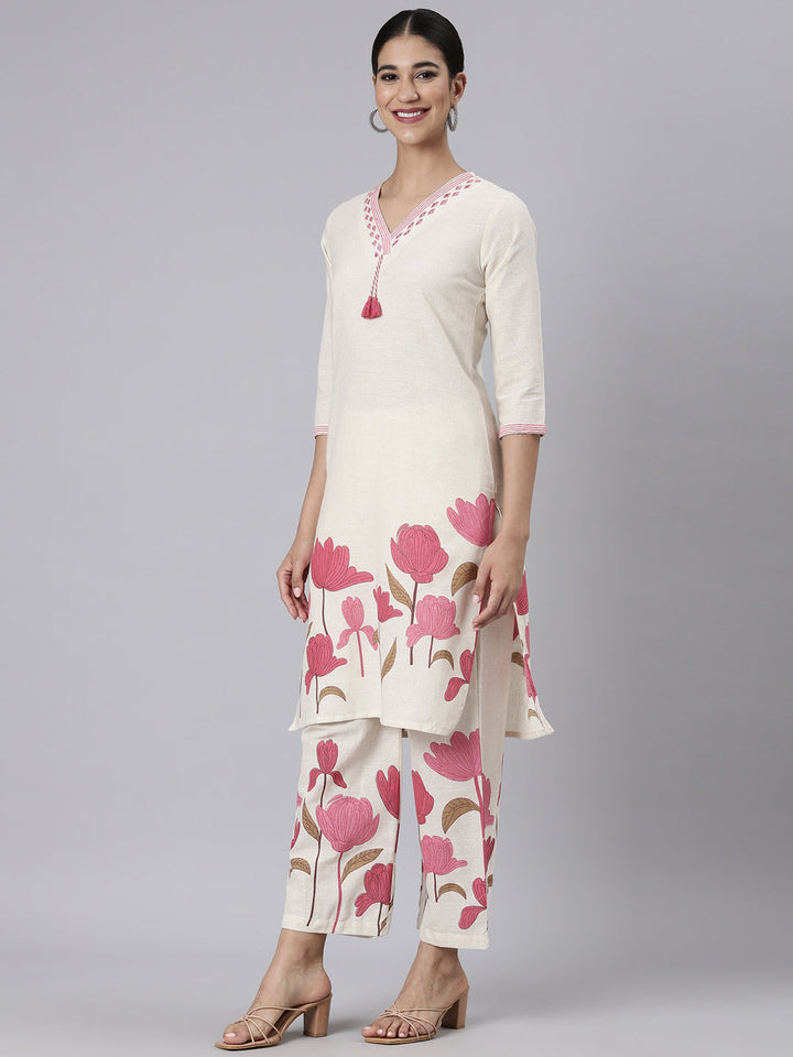 Neerus Pink Printed Straight Kurta and Trousers