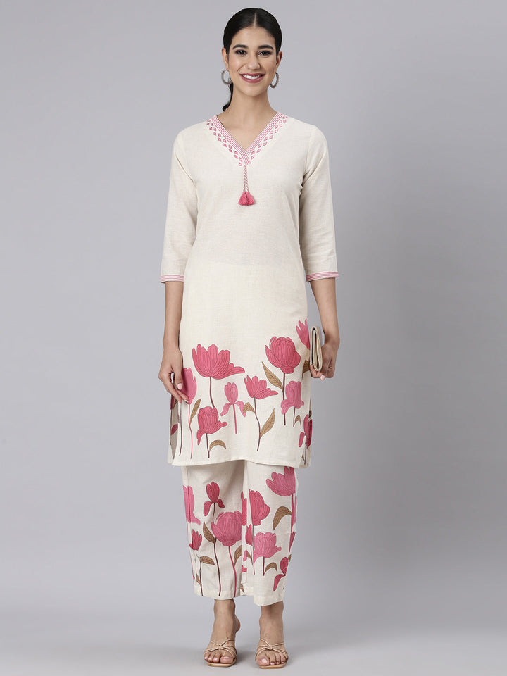 Neerus Pink Printed Straight Kurta and Trousers