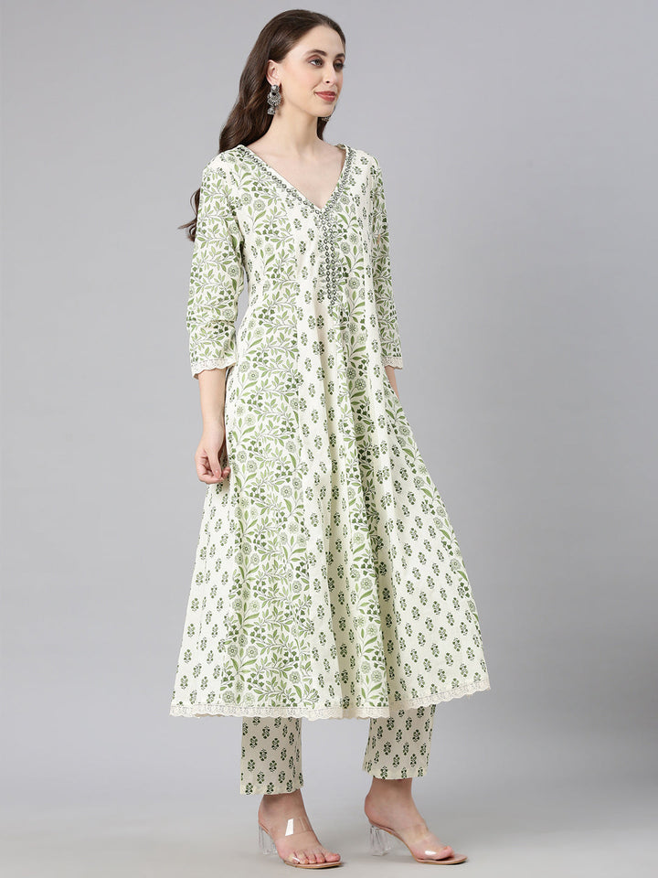 Neerus Green Printed Anarkali Kurta and Trousers With Dupatta