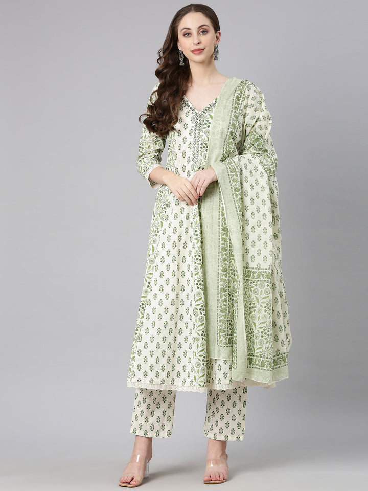 Neerus Green Printed Anarkali Kurta and Trousers With Dupatta