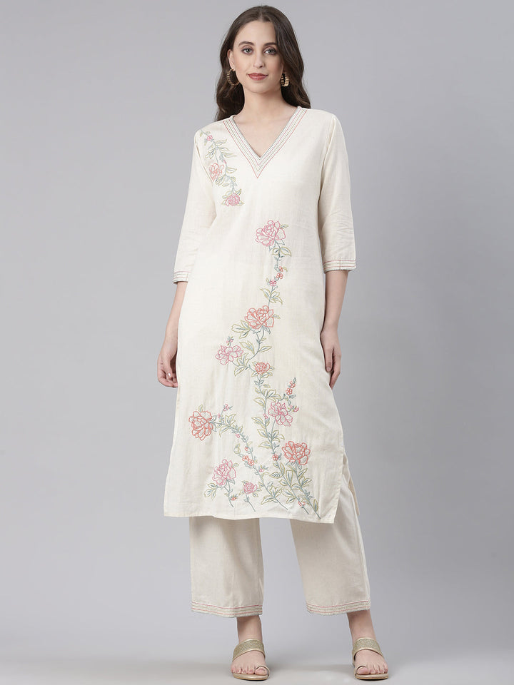 Neerus Cream Embroidered Straight Kurta and Trousers