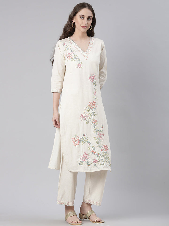 Neerus Cream Embroidered Straight Kurta and Trousers
