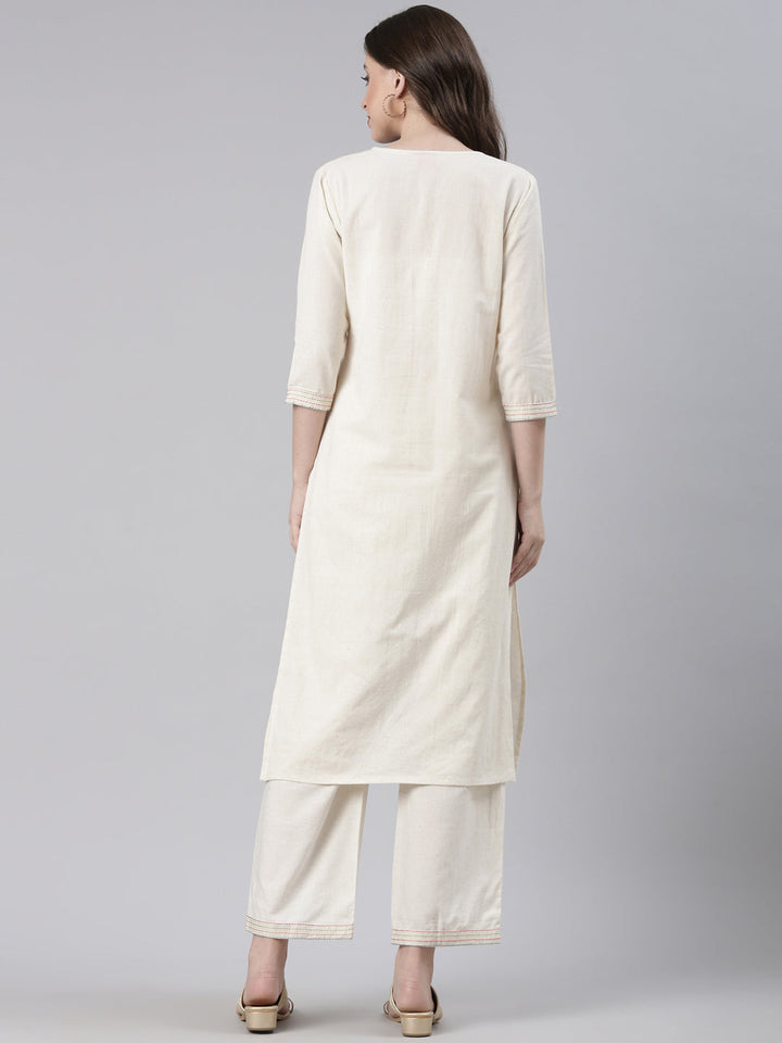 Neerus Cream Embroidered Straight Kurta and Trousers