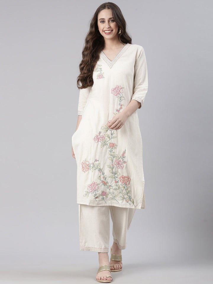 Neerus Cream Embroidered Straight Kurta and Trousers
