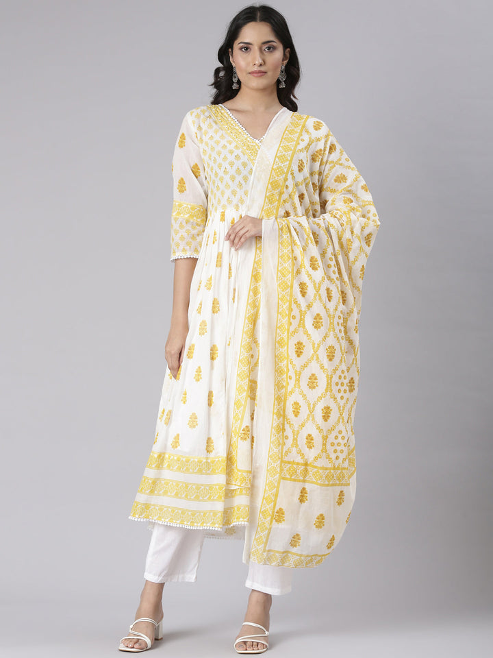 Neerus Mustard Printed Straight Kurta and Trousers With Dupatta