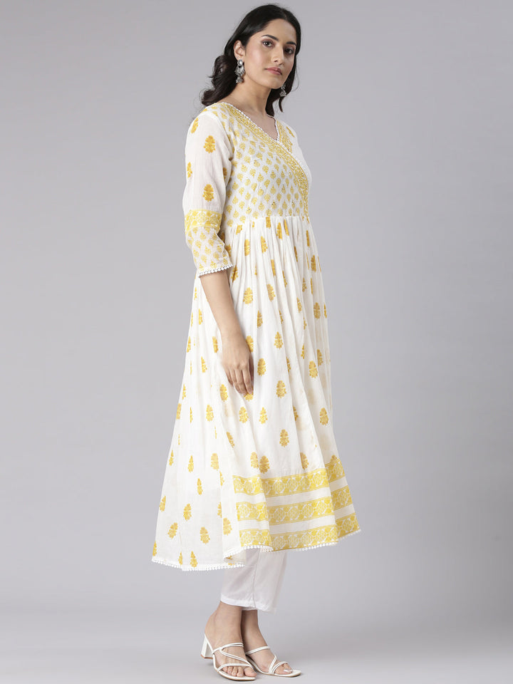 Neerus Mustard Printed Straight Kurta and Trousers With Dupatta