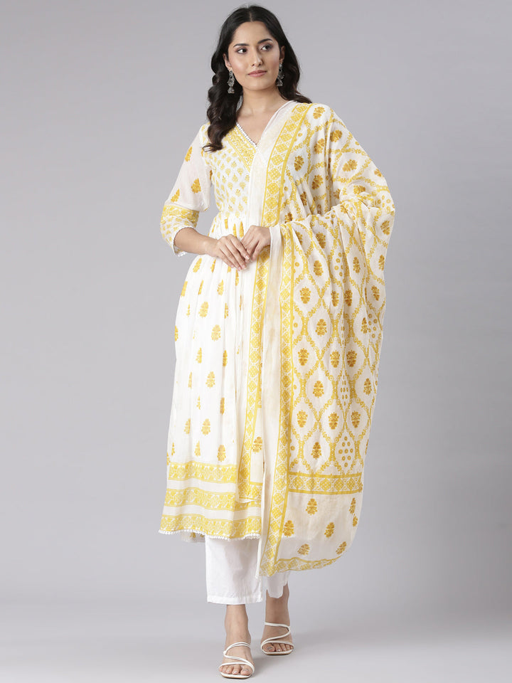 Neerus Mustard Printed Straight Kurta and Trousers With Dupatta