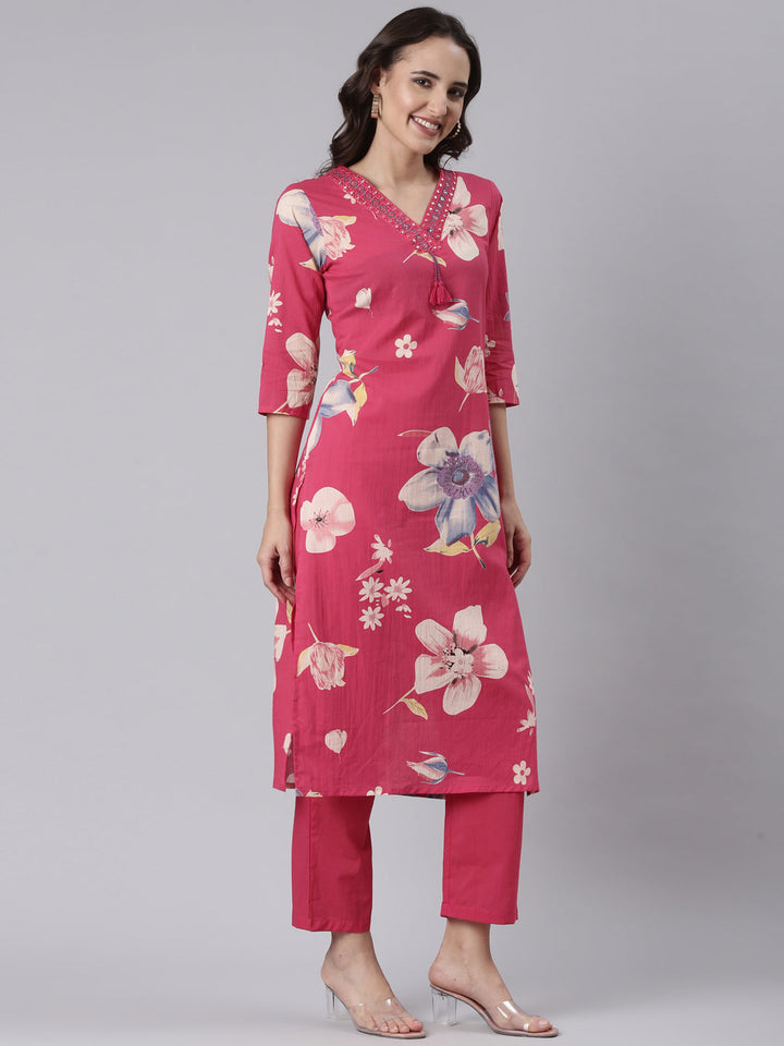 Magenta Cotton Printed Three Piece Set