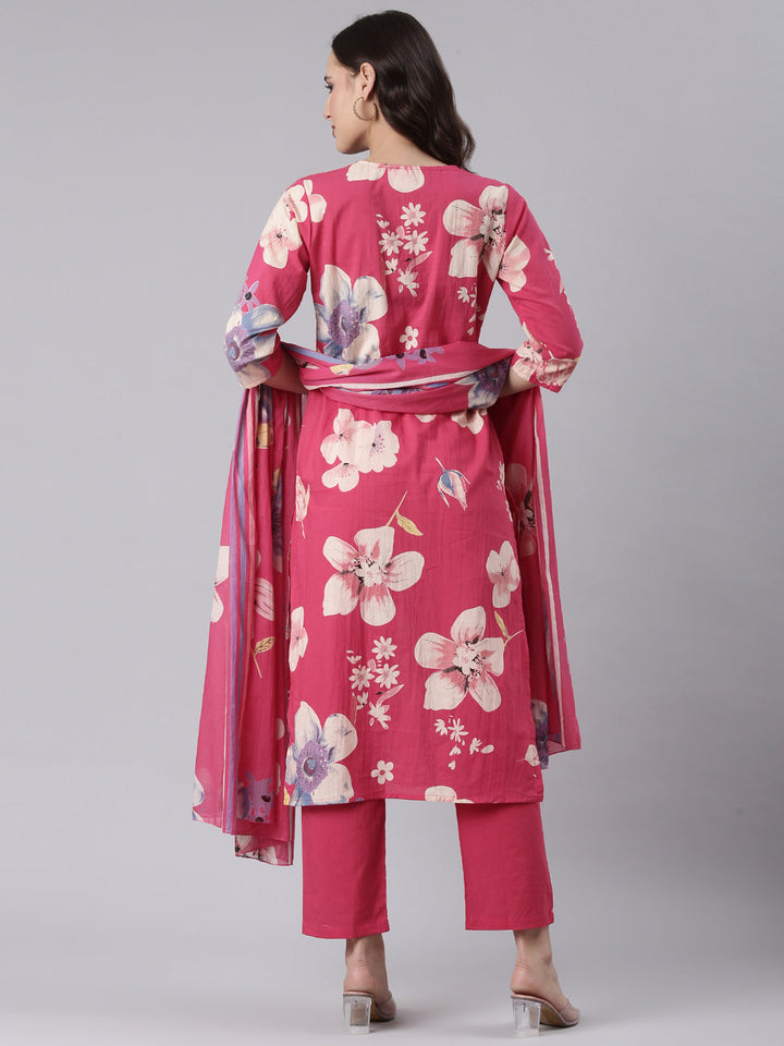 Magenta Cotton Printed Three Piece Set